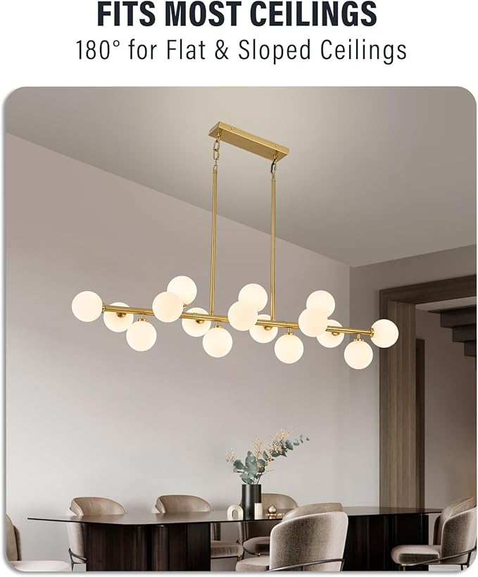 55" Long Brass Gold Chandeliers for Dining Room Kitchen Island, Large Globe Sputnik Linear Chandelier, 16 Lights Mid Century Modern Light Fixture Over Table, Milk White Bubble, GC-08