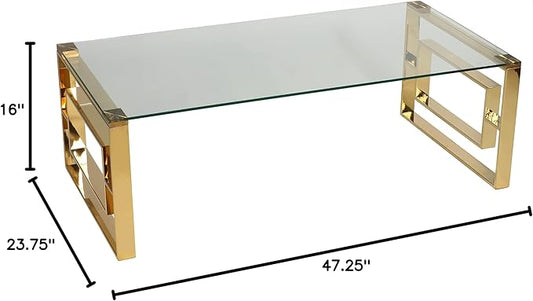 Cortesi Home Laila Coffee Table in Gold Stainless Steel and Clear Glass 48"