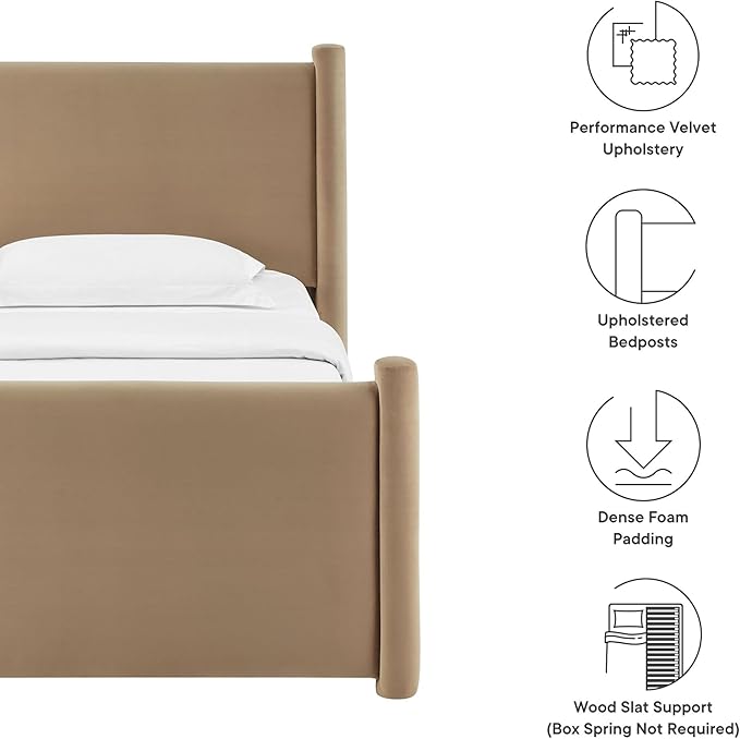 Modway Rael Twin Platform Bed Frame with Upholstered Headboard and Footboard in Taupe – Stain-Resistant Performance Velvet Twin Size Bed with Rounded Posts