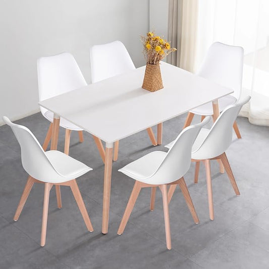 Dining Chairs Set of 6, Side Chairs Upholstered Armless Mid-Back Faux Leather Cushioned for Dining Room Kitchen Living Room, Soft Padded Seats & Solid Wood Legs, White