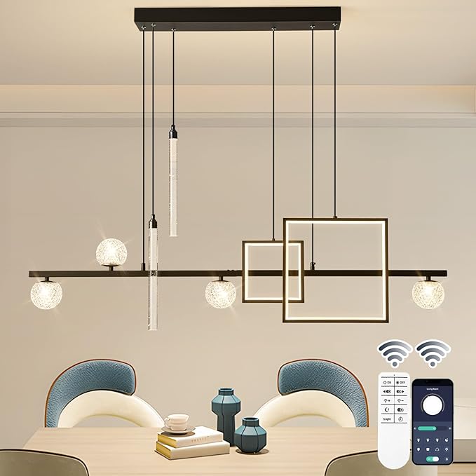 Modern LED Pendant Lights, 47in Dimmable Linear LED Chandelier Lighting, Square Black & Gold Dining Room Hanging Light Fixtures Kitchen Island Globe Pendant Light for Dining Table (4200lm)