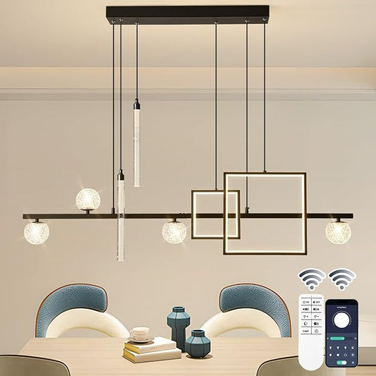 Modern LED Pendant Lights, 47in Dimmable Linear LED Chandelier Lighting, Square Black & Gold Dining Room Hanging Light Fixtures Kitchen Island Globe Pendant Light for Dining Table (4200lm)