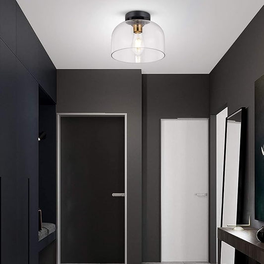 Farmhouse Flush Mount Light, 9.84 inches Clear Glass,Brush Gold Socket,Matte Black Ceiling Light Fixture for Hallway, Entryway, Laundry Room