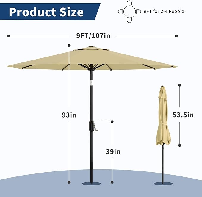 Garvee 9 ft Patio Umbrella - 8 Sturdy Ribs Outdoor Table Umbrella with Crank Lift & Push Button Tilt - Market Umbrella for Pool, Deck, Yard, Garden- Beige