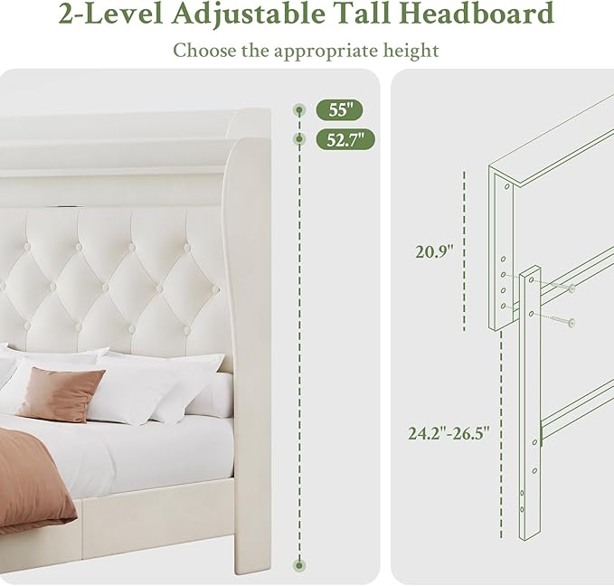Queen Bed Frame with Tall Headboard, Velvet Upholstered Platform Bed with LED Lights & Charging Station, 52.7"-55" Adjustable/Modern Tufted Wingback Storage Headboard, No Box Spring Needed, Cream