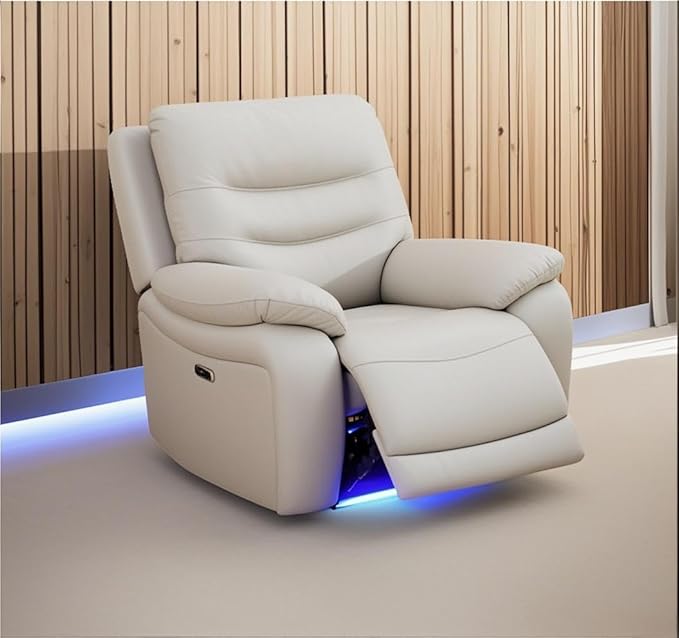 Power Reclining Sofa Set, Genuine Leather Recliner Sofa Set,Living Room Furniture Setwith USB Charging and LED Lights,for Living Room/Apartment/Office/Home Theather,Light Grey,C