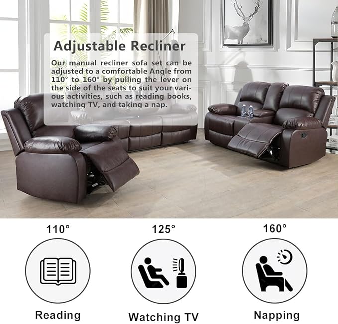 Brown Recliner Sofa Set Manual Reclining Couch Set Living Room Furniture Set Bonded Leather Sofa and Loveseat Set with Cup Holders/Storage Console for Home/Office/Rv Car (Brown, Sofa+Loveseat)