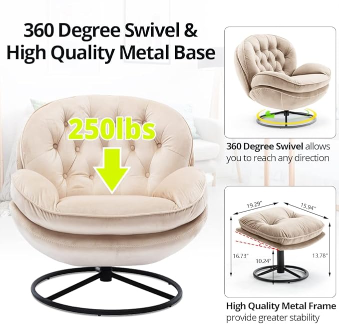 Velvet Swivel Accent Chair with Ottoman Set, Modern Lounge Chair with Metal Base Frame & Footrest, Comfortable Single Leisure Sofa Chair Reading Chair with 360 Degree Swiveling for Living Room, Beige