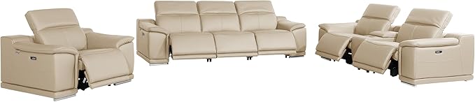 Blackjack Furniture Venice Top Grain Italian Leather Recliner 7 Seater 6 Power Reclining 3 Piece Sofa Set with Adjustable Headrests Modern Seating Sofa, Loveseat and Chair for Living Room , Beige