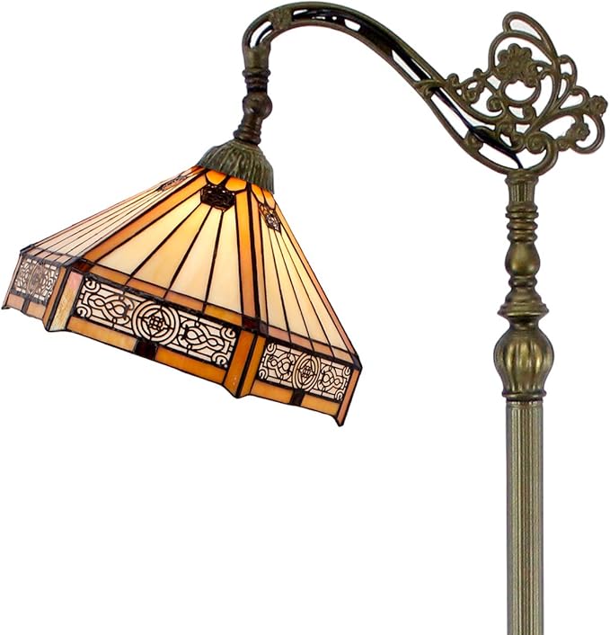WERFACTORY Tiffany Lamp Shade Replacement 12X10X6 Inch Yellow Hexagon Stained Glass Mission Lampshade Only 1-5/8-Inch Fitter Opening for Arched Floor Lamp-Torchiere Lamp-Pendant Light S011 Series