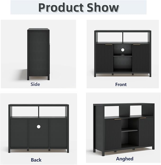 FONTOI Sideboard Buffet Cabinet, Thicken Wood Storage Cabinet with 4 Large Open Shelf, Farmhouse Cabinet with 2 Fluted Doors, Modern Accent Cabinet for Living Room, Kitchen, Entryway, Black