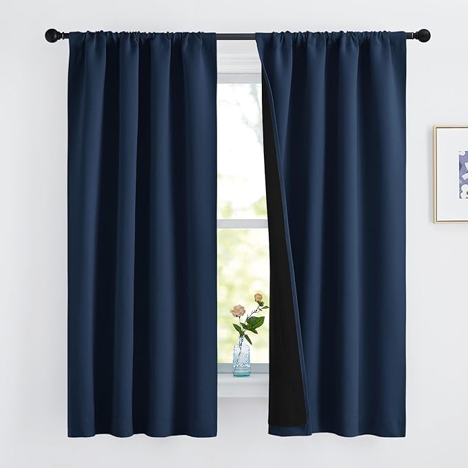 NICETOWN 100% Blackout Curtains, Thermal Insulated Black Liner Panels for Nursery Room, Noise Reducing and Cold Blocking Drapes for Windows (Set of 2, Navy, 42 inches Wide by 63 inches Long)