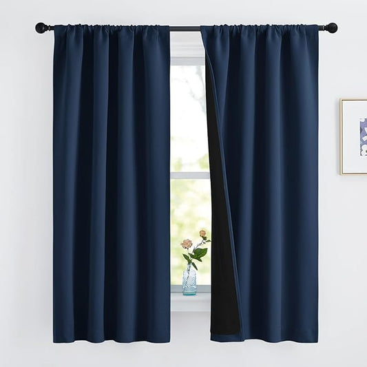 NICETOWN 100% Blackout Curtains, Thermal Insulated Black Liner Panels for Nursery Room, Noise Reducing and Cold Blocking Drapes for Windows (Set of 2, Navy, 42 inches Wide by 63 inches Long)