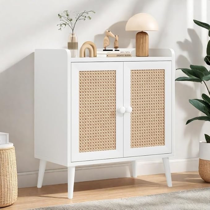 FONTOI Buffet Cabinet, Rattan Storage Cabinet with Round Pull Rings, Sideboard with Ample Storage, Bar Liquor Shelf with 2 Doors for Living Room, Hallway, White