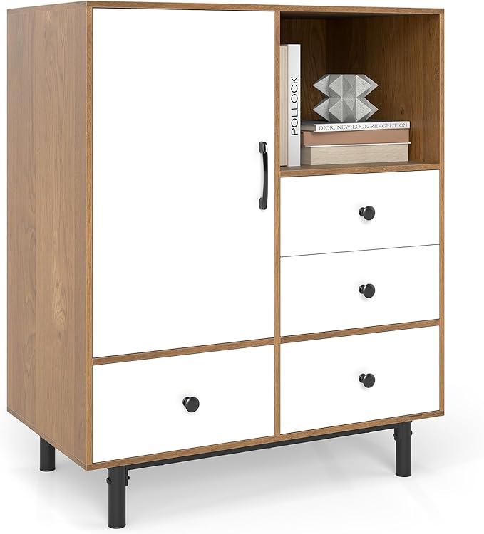 Giantex Storage Cabinet with 4 Drawers, Door and Open Compartment, 18" x 31.5" x 38.5" Inches, Metal Support Legs, Freestanding Side Cabinet, Buffet Sideboard for Living Room, Dining Room, Entryway