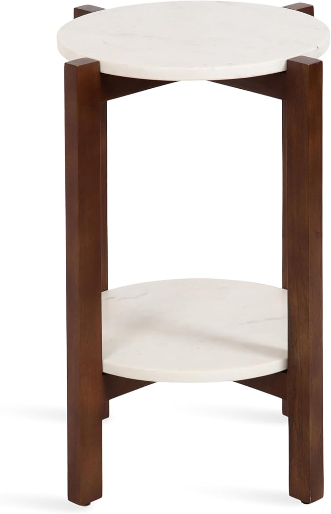 Kate and Laurel Moxley Transitional Round Side Table; 16 x 16 x 22; White Marble and Walnut Brown; Tiered Pedestal Table with Authentic Marble Tabletops for Bedroom Nightstand or Indoor Plant Stand