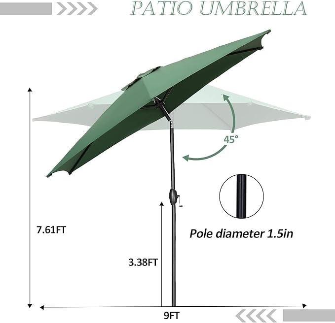 HYD-Parts 9FT Patio Umbrella Outdoor Table Umbrella,Market Umbrella with Push Button Tilt and Crank for Garden, Lawn, Deck, Backyard & Pool, with a Base (Green)