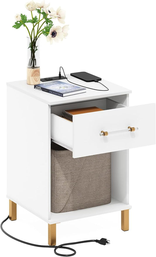 Furinno TIDUR Side Table, Modern Drawer End Table with Charging Station, Night Stand, Bedside Table with USB and Type-C Charging Port, for Living Room, Bedroom, White