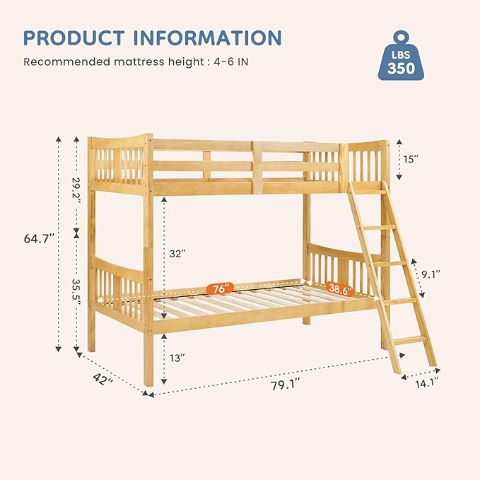 DUMOS Loft Bunk Bed Twin Over Twin, Solid Wood Frame with Slats, Bunk Beds with Ladder and Guardrail, No Box Spring Needed, Space Saving Bed Frame for Dorm, Bedroom