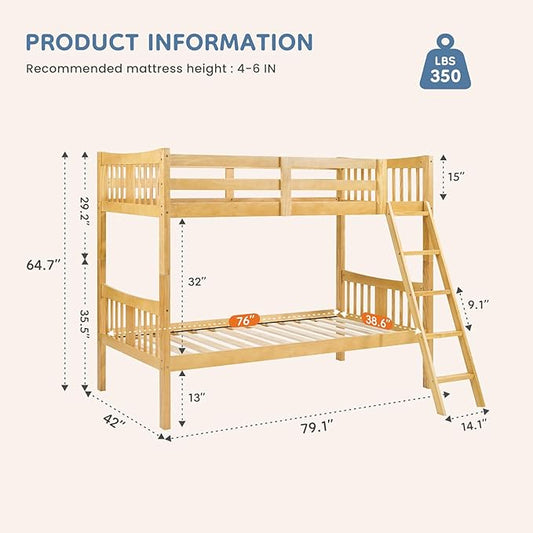 DUMOS Loft Bunk Bed Twin Over Twin, Solid Wood Frame with Slats, Bunk Beds with Ladder and Guardrail, No Box Spring Needed, Space Saving Bed Frame for Dorm, Bedroom