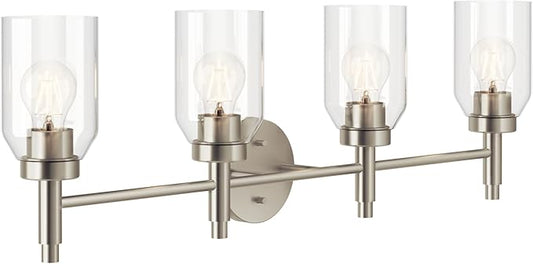 Kichler Madden 4-Light Vanity with Clear Glass in Brushed Nickel, Sloped Ceiling Compatible, for Single or Double Vanity in Bathroom (10.5" x 34"), 55186NI