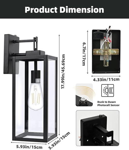 Dusk to Dawn Outdoor Wall Lantern - 18 Inch Exterior Wall Sconce with Sensor, Large Size Outdoor Wall Light for Porch Garage Light, E26 Socket, 1 Pack