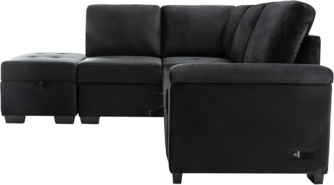 Merax Sofa Bed Sleeper Couch L Shaped Sofa with Storage Ottoman, L-Shape Sectional Couch with Comfortable backrest for Living Room and Small Apartment (Black)