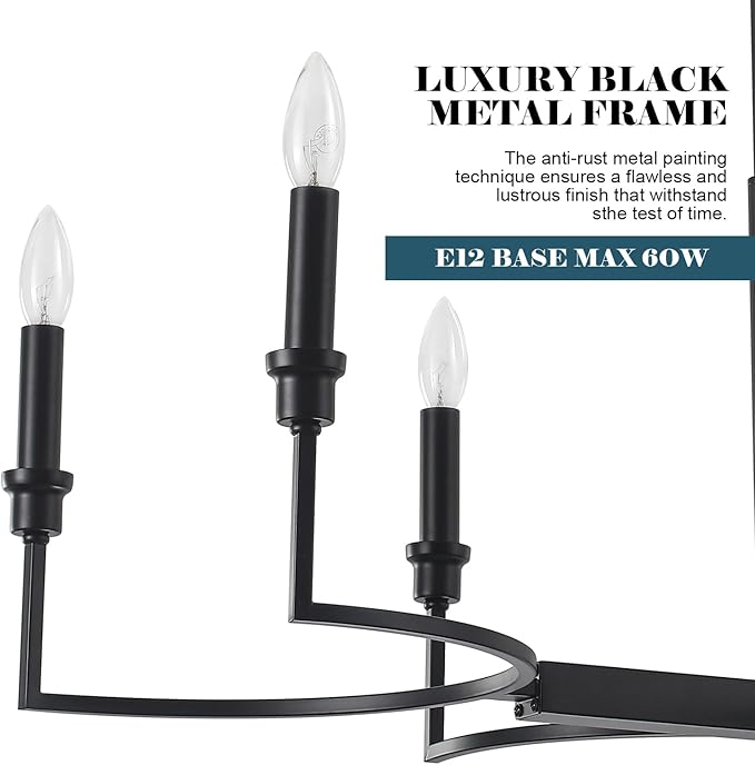 8-Light Black Chandelier, Farmhouse Dining Room Light Fixtures Over Table, Metal Candle Rectangular Chandelier Light Fixture Dining Retro Kitchen Island Lighting Living Room Entryway37in