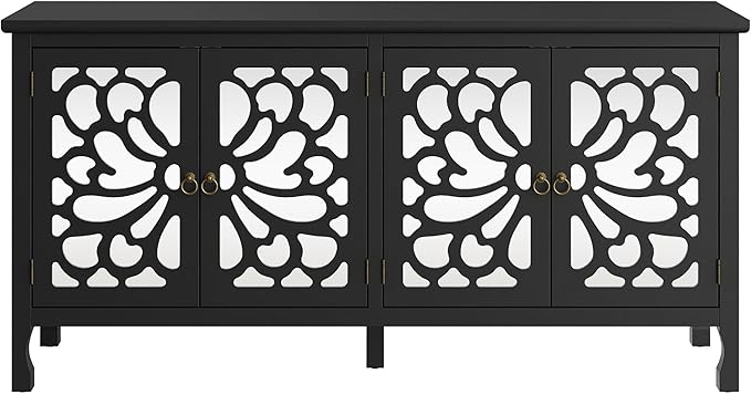 63" Carved Buffet Cabinet with Mirrored Door, Modern Console Cabinet with Storage and Adjustable Shelves, Wood Media Cabinet for Entryway, Living Room, Bedroom, Dining Room, Bathroom (Black)