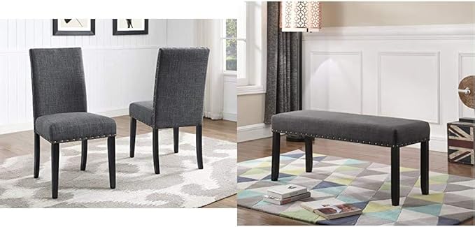 Roundhill Furniture Biony Gray Fabric Dining Chairs with Nailhead Trim, Pack of 2 Biony Fabric Dining Bench with Nailhead Trim, Grey