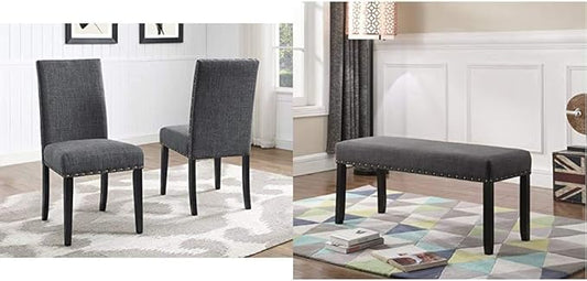 Roundhill Furniture Biony Gray Fabric Dining Chairs with Nailhead Trim, Pack of 2 Biony Fabric Dining Bench with Nailhead Trim, Grey