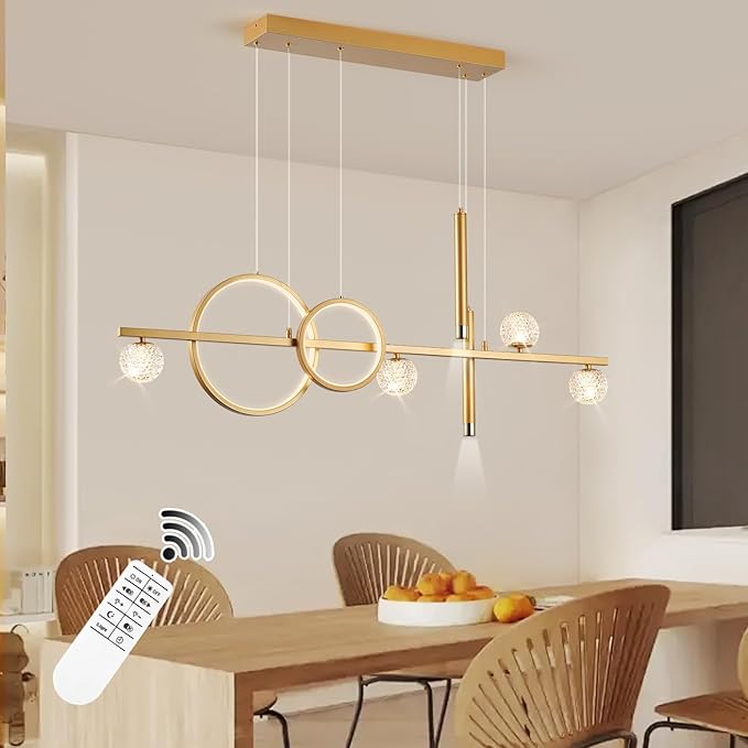 LED Gold Chandeliers for Dining Room, 47in Dimmable Modern Chandelier Gold Pendant Lights for Kitchen Island, Linear Ring Globe Pendant Light Fixtures Dining Room Lights Ceiling Hanging