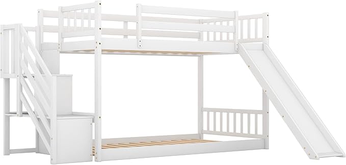 Twin Over Twin Low Bunk Bed with Slide and for Storage Staircase for Teens, Boys or Girls, No Box Sping Needed