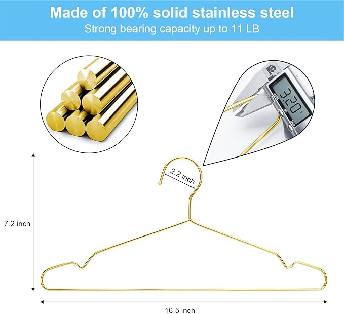 Gold Hangers for Clothes, Ultra Thin Metal Clothes Hangers Heavy Duty Coat Hanger for Dress Skirts Pants Bra Underwears, Space Saving Wire Suit Hangars Closet Organizer Dorm Room Essentials, 10 Pack
