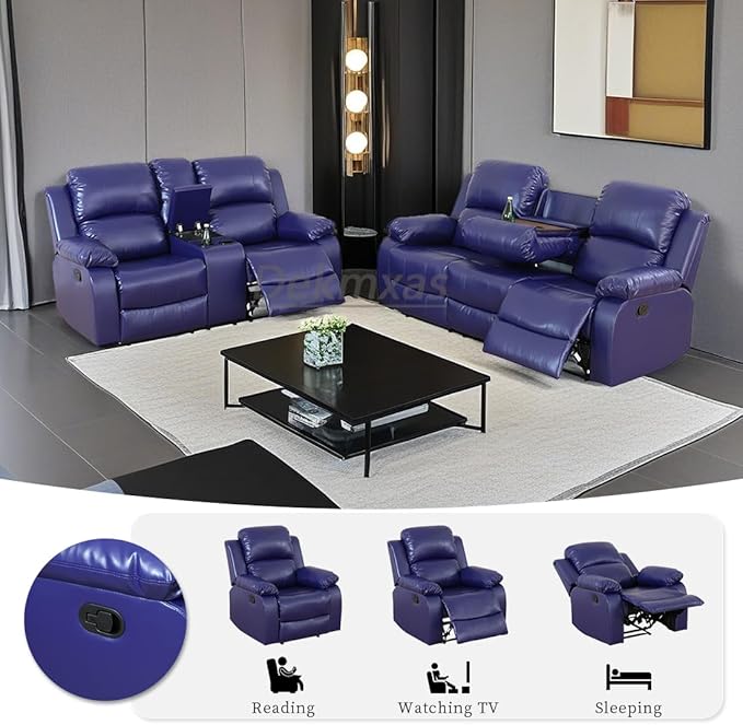 Recliner Sofa Set Living Room Furniture Sets Vegan Leather Sofa and Loveseat Set Manual Reclining Sofa Set with Cup Holders/Storage Console for Living Room/Rv Car (Purple Blue, Sofa+Loveseat)