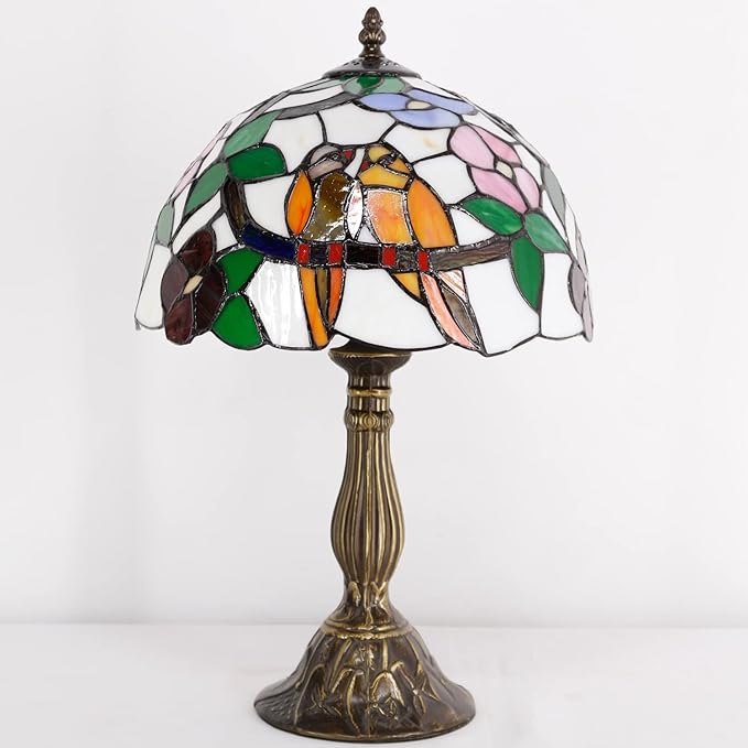 WERFACTORY Tiffany Table Lamp Stained Glass Bedside Lamp Double Tropical Birds Desk Reading Light 12X12X18 Inches Decor Bedroom Living Room Home Office S803 Series