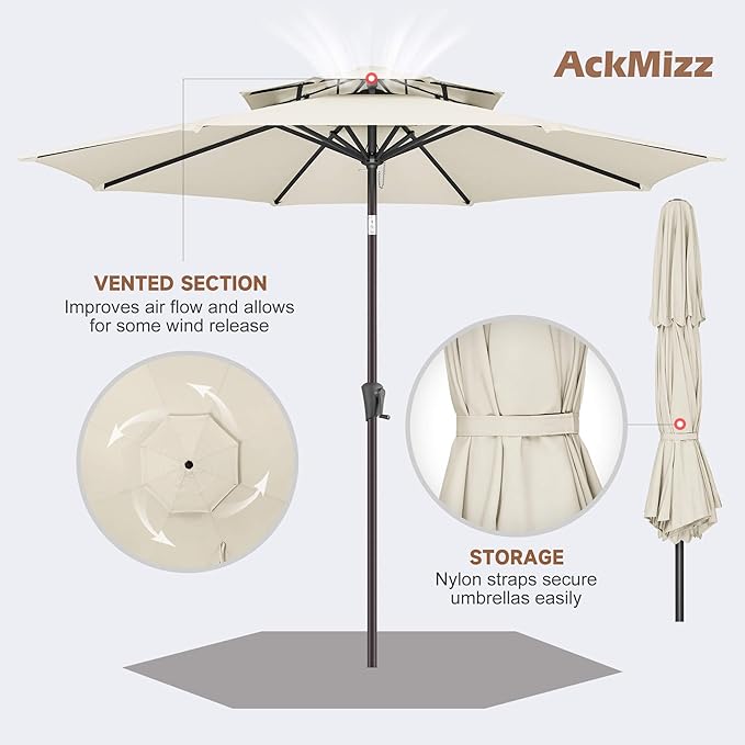 9ft Outdoor Patio Umbrella - 2-Tier Table Umbrella Waterprool UV Protection, Sombrillas de Patio with Push Button Tilt, Sun Umbrella for Pool, Porch, Garden, Backyard (Ivory)