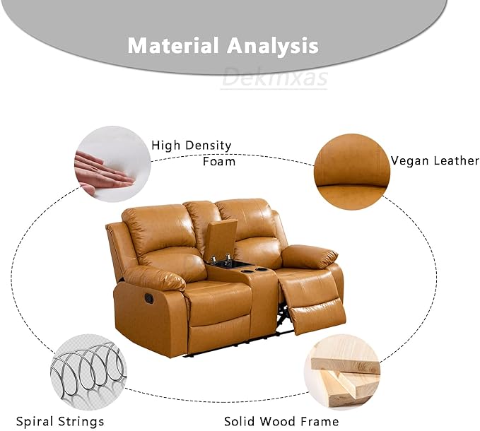Bonded Leather Recliner Loveseat Couch Manual Reclining 2 Seater Reclining Sofa Living Room Couch with Cup Holders & Middle Storage Console for Home/Office/Rv Car (Ginger, Loveseat)