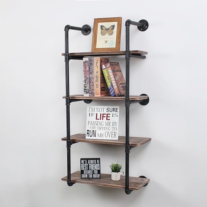 MBQQ Industrial Pipe Shelving Wall Mounted,24in Rustic Metal Floating Shelves,Steampunk Real Wood Book Shelves,Wall Shelf Unit Bookshelf Hanging Wall Shelves,Farmhouse Kitchen Bar Shelving(4 Tier)