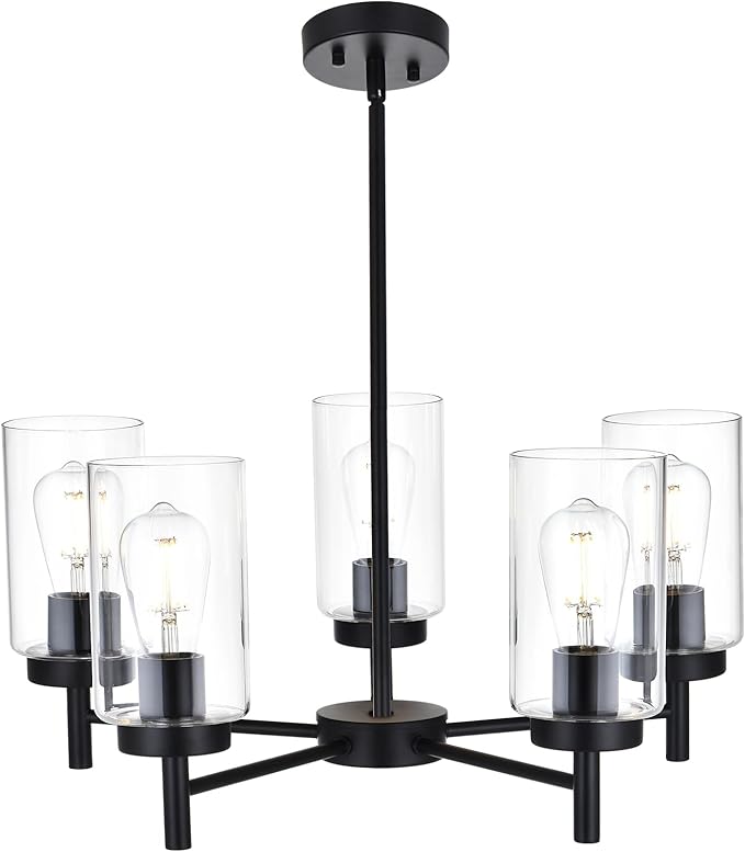 5-Light Contemporary Black Chandelier, Modern Industrial Dining Room Light Fixtures Over Table, Ceiling Hanging Kitchen Island Pendant Lighting Fixtures w/Clear Glass Shade for Entryway Foyer