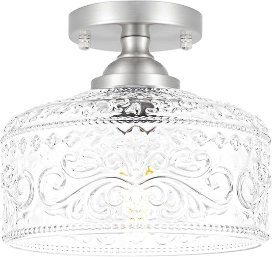 Brushed Nickel Semi Flush Mount Ceiling Light, Antique Ceiling Light with Glass, Indoor Close to Ceiling Light Fixture, Entryway Light Fixtures, Overhead Lighting Fixture for Hallway Kitchen Bedroom