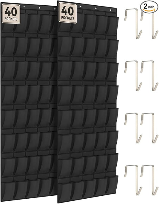 dodowin Over the Door Shoe Organizers, 2 Pack - 40 Deep Mesh Pockets Each, Over The Door Shoe Rack with 4 Metal Hooks Each, Space Saving Hanging Storage Holder for Closets, Shoes & Accessories, Black