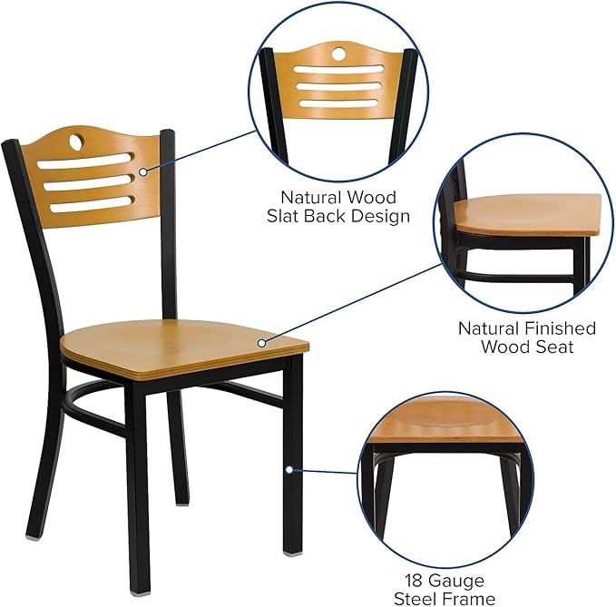Flash Furniture HERCULES Series Black Slat Back Metal Restaurant Chair - Natural Wood Back & Seat