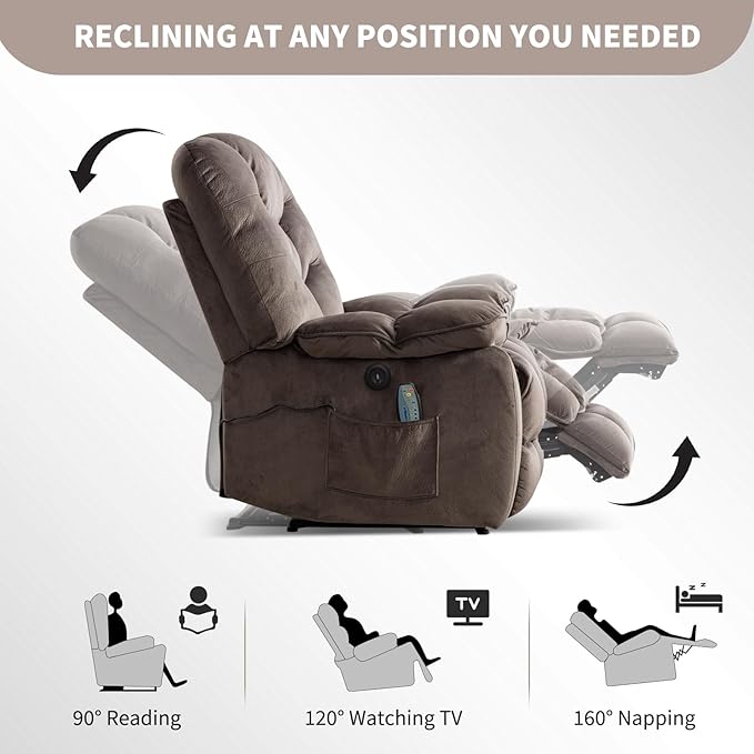 HAOMARKETS Power Recliner Chair with Massage and Heat, 41" Wide Electric Reclining Chairs with USB Port, Breathable Fabric Overstuffed Reclining Sofa for Living Room, Brown