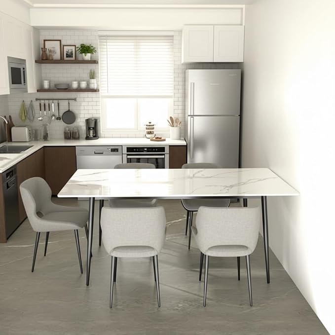 63" Modern Dining Table, Sintered Stone Kitchen Table for 4-6 peoples, White Sintered Stone Dining Tabletop with Metal Legs, Fax Marble Dining Table for Dining Room, Backyard Heat Resistant(63"x31.5")