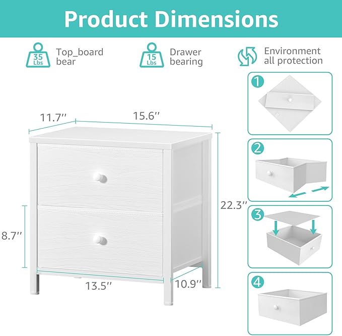 BOLUO White Nightstands Set of 2, Small Night Stand with 2 Fabric Drawer Dresser for Bedroom Dorm Bedside Table Modern