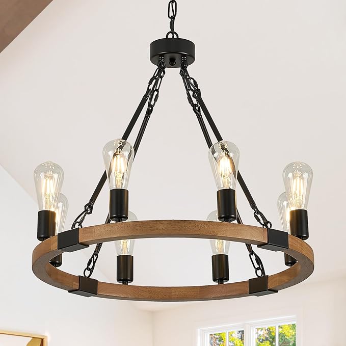 23.6'' Farmhouse Wooden Wagon Wheel Chandeliers 8 Lights Rustic Oak Wood Round Chandelier with Black Chain Natural Pendant Light Fixture for Living Dining Room Kitchen Entryway Foyer
