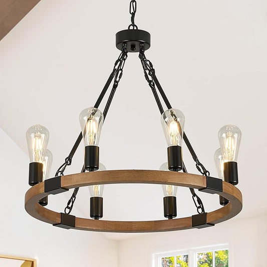 23.6'' Farmhouse Wooden Wagon Wheel Chandeliers 8 Lights Rustic Oak Wood Round Chandelier with Black Chain Natural Pendant Light Fixture for Living Dining Room Kitchen Entryway Foyer