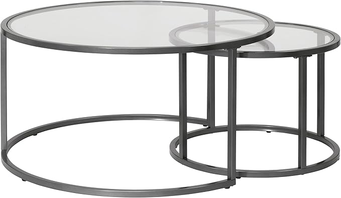Camber Elite Metal and Glass Round Nesting Coffee Table Set, 35 Inches