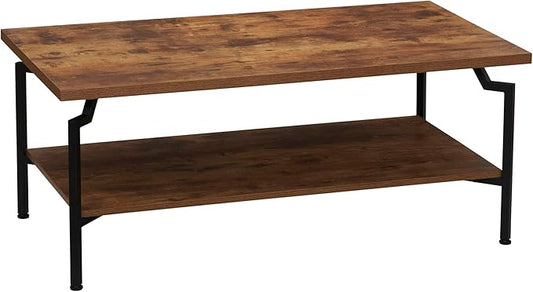 Household Essentials Crown Rectangular Coffee Table with Storage Shelf Rustic Hickory Wood Grain and Black Metal